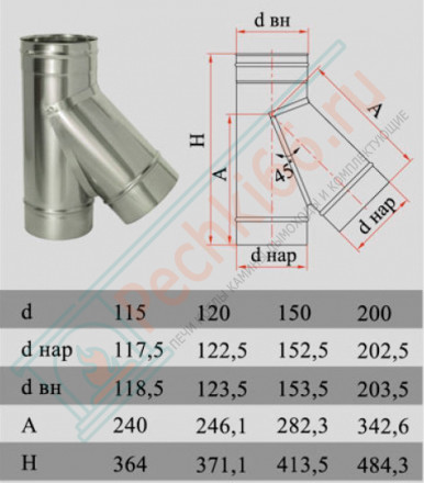 Тройник 45° без изол (НЕРЖ-321/0,8) d-130 (Дымок-Lux)